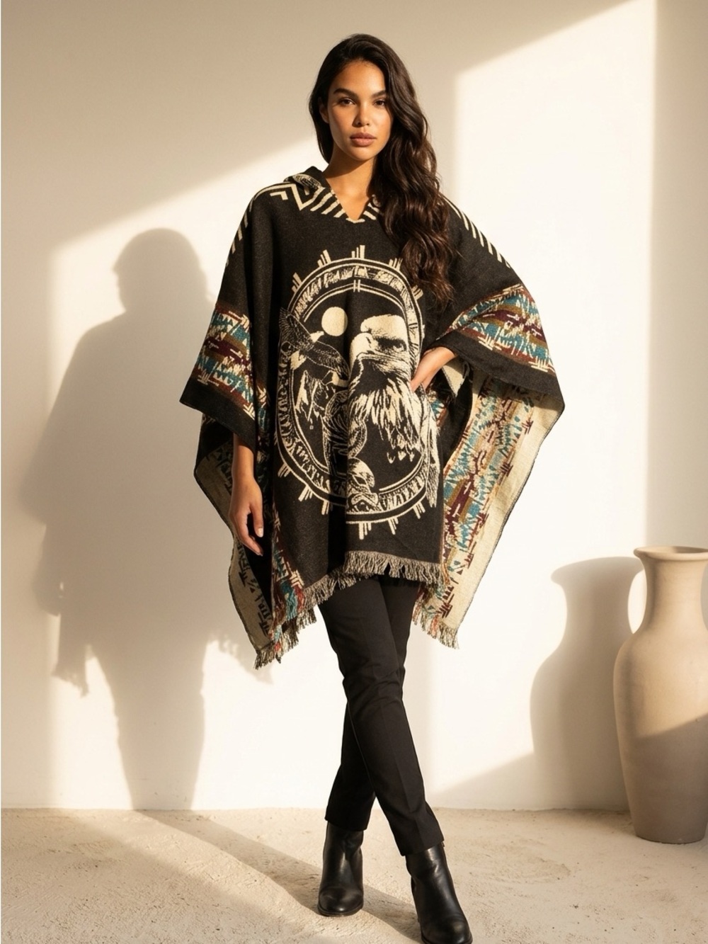 Native American Fringed Eagle Graphic Poncho Cape